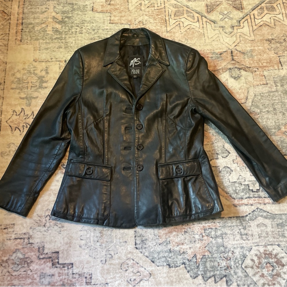 Maxima Black Leather Jacket Womens full button motorcycle Large